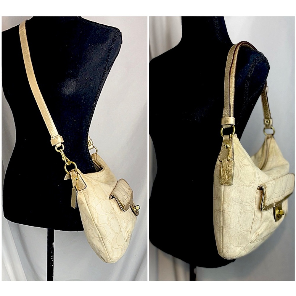 AUTHENTIC COACH Penelope Linen & Leather Gold/Beige Signature C Convertible Bag